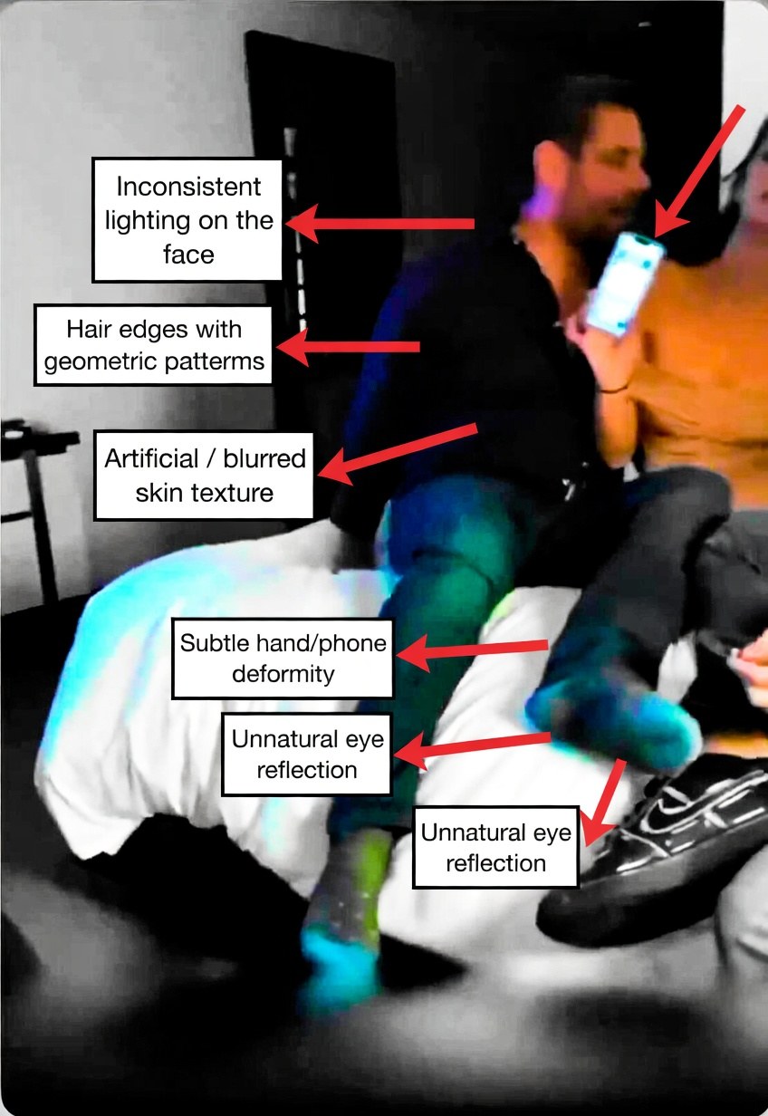 Annotated frame with reflections, subtle distortions, and artificial texture